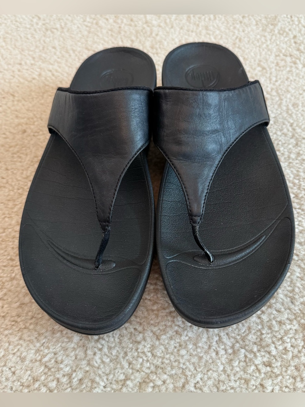 FitFlop Lulu Black Leather Flip Flop Slide Sandals Comfort Recovery Sleek Size 9